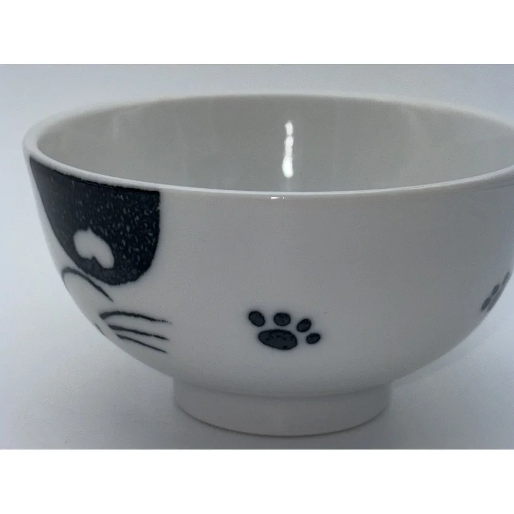 Cute Smiling Cat Black & White Japanese Rice Snack 4 Inch Bowl Porcelain